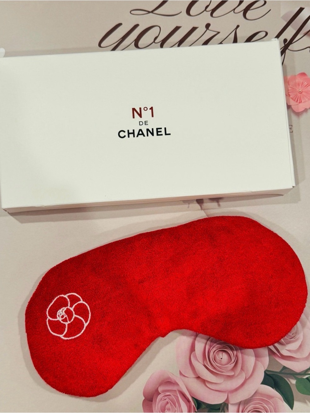 CHANEL Red Camellia Embroidered Eye Mask